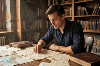 Jeune homme étudiant des documents mystérieux dans un bureau rustique évoquant les actes et chapitres cachés de Clair Obscur