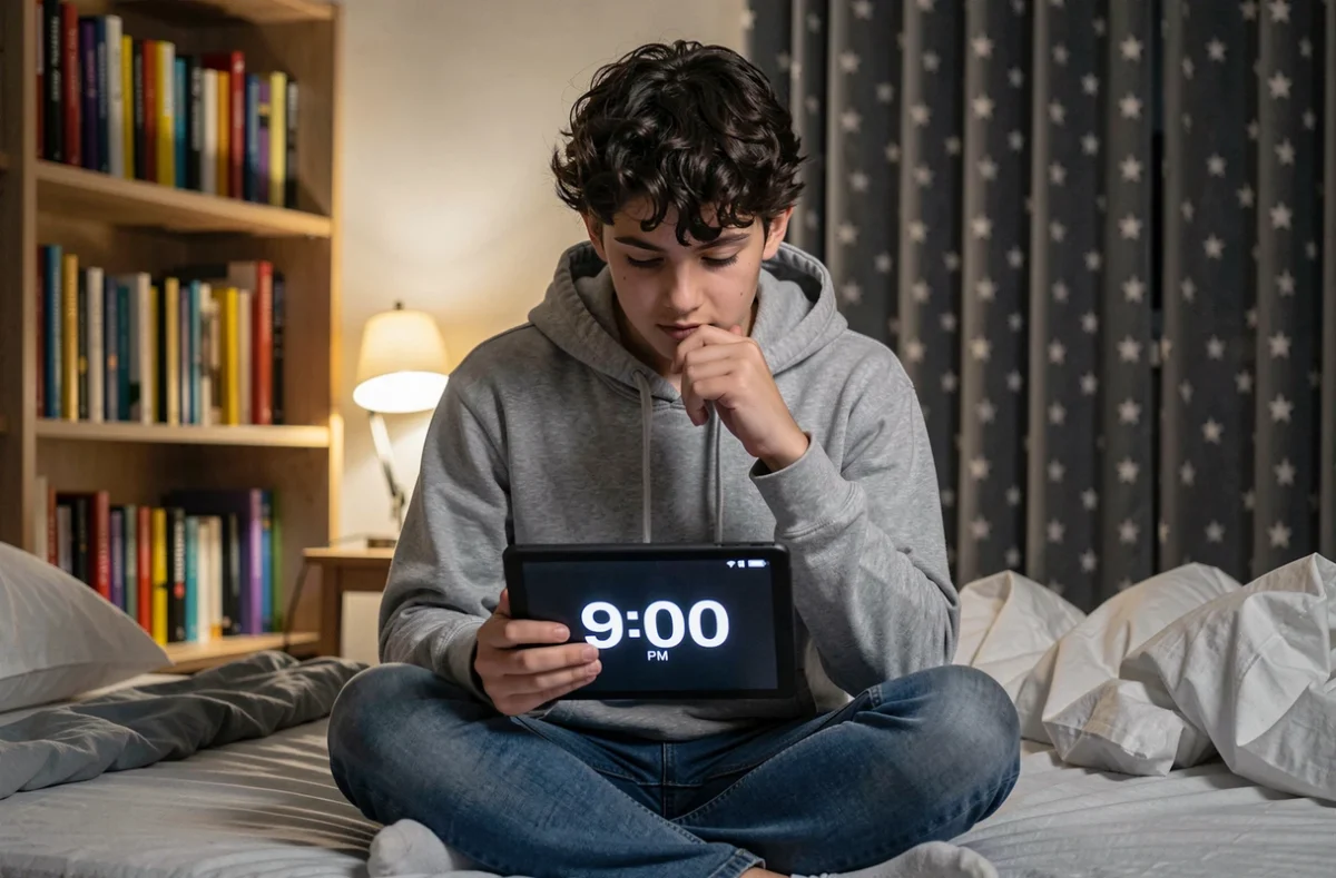 Adolescent consultant une horloge numérique PM sur tablette dans sa chambre le soir