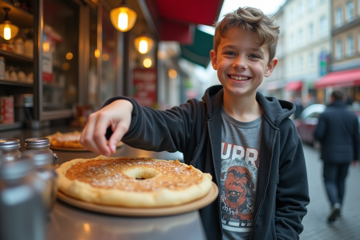 Adolescent souriant devant un food truck en ville