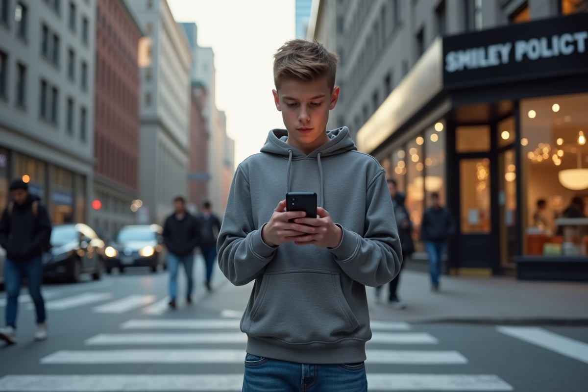 Adolescent regardant son smartphone dans la rue urbaine