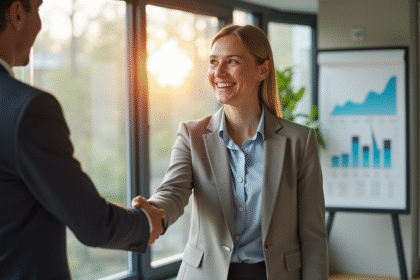 Agent immobilier souriant serre la main d'un client dans un bureau lumineux