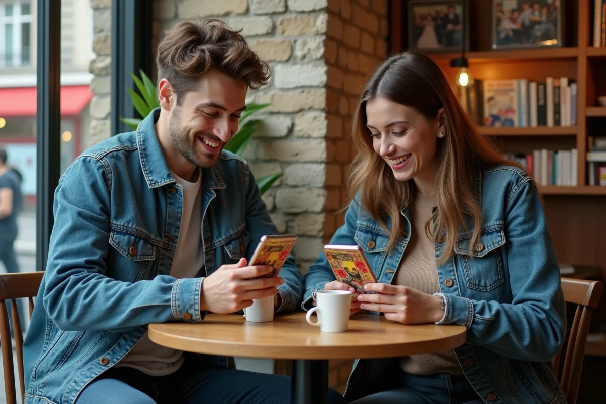 Deux amis lisant manga dans un café parisien moderne