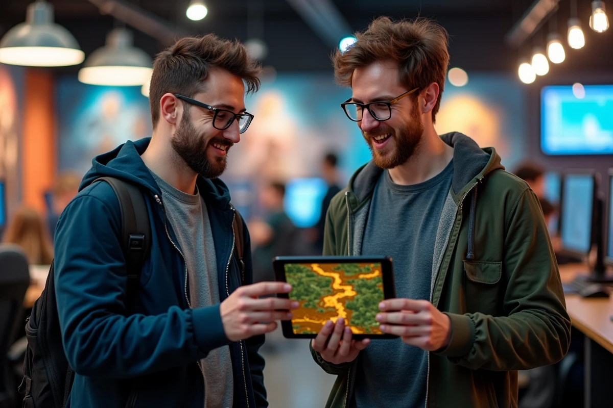 Deux hommes discutent devant un café gaming avec carte Dofus