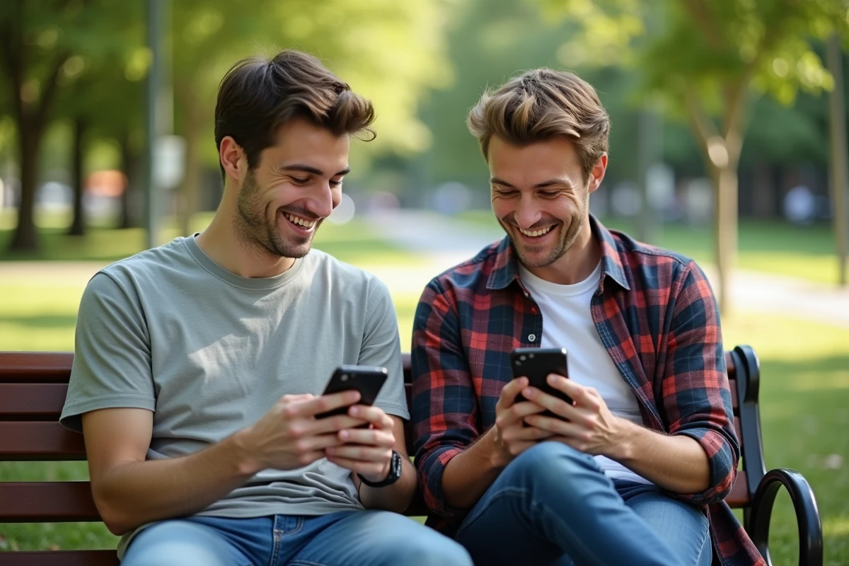 Deux amis riant en jouant à un jeu de mots dans un parc