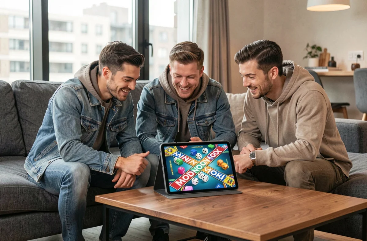 Groupe d'amis réunis autour d'une tablette jouant à un jeu de plateau numérique style Monopoly, avec dés virtuels et pions colorés dans un salon moderne