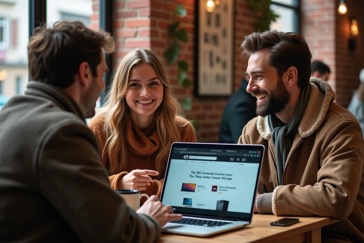 Deux amis discutant des meilleures offres high-tech avant le Black Friday 2026 dans un café