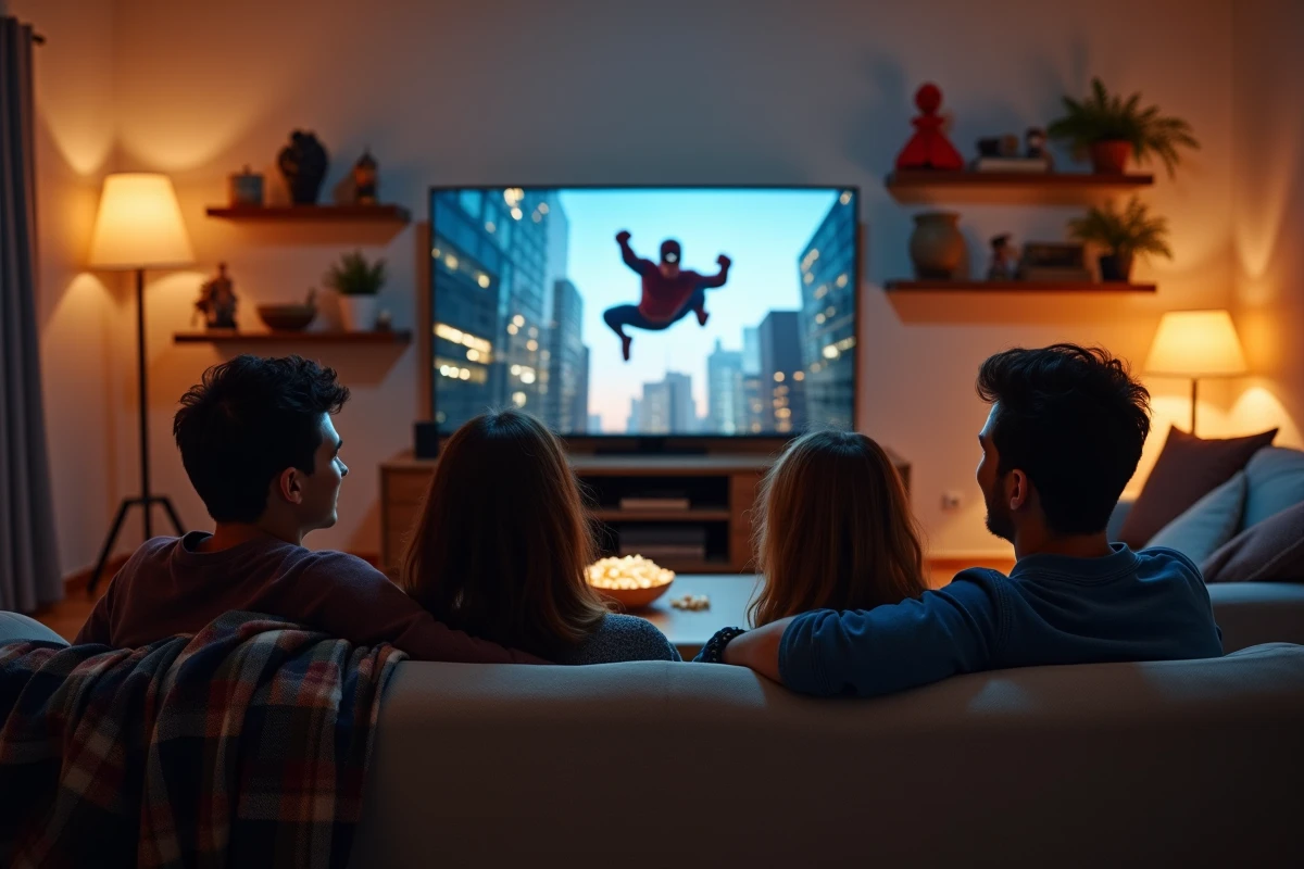 Groupe d'amis regardant un film Spider-Man dans l'univers Avengers sur leur canapé dans un salon cosy
