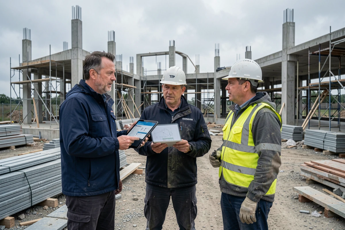 Architecte sur chantier de construction utilisant une tablette numérique pour coordonner avec des entreprises BTP