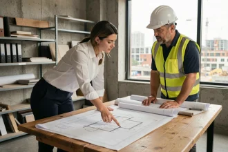 Architecte et entrepreneur BTP collaborant sur des plans de construction dans un bureau professionnel avec fond de chantier urbain