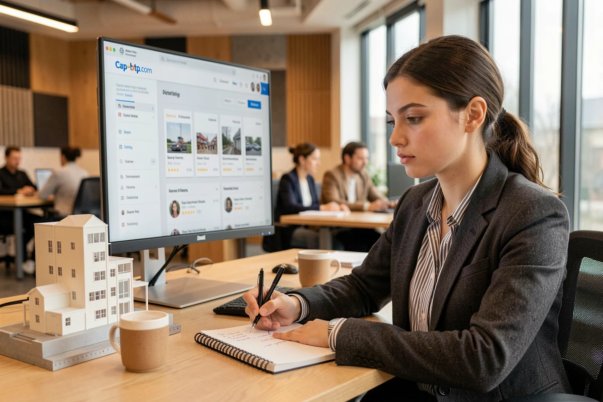 Architecte utilisant la plateforme Cap-btp.com sur ordinateur pour trouver et sélectionner des entreprises de construction