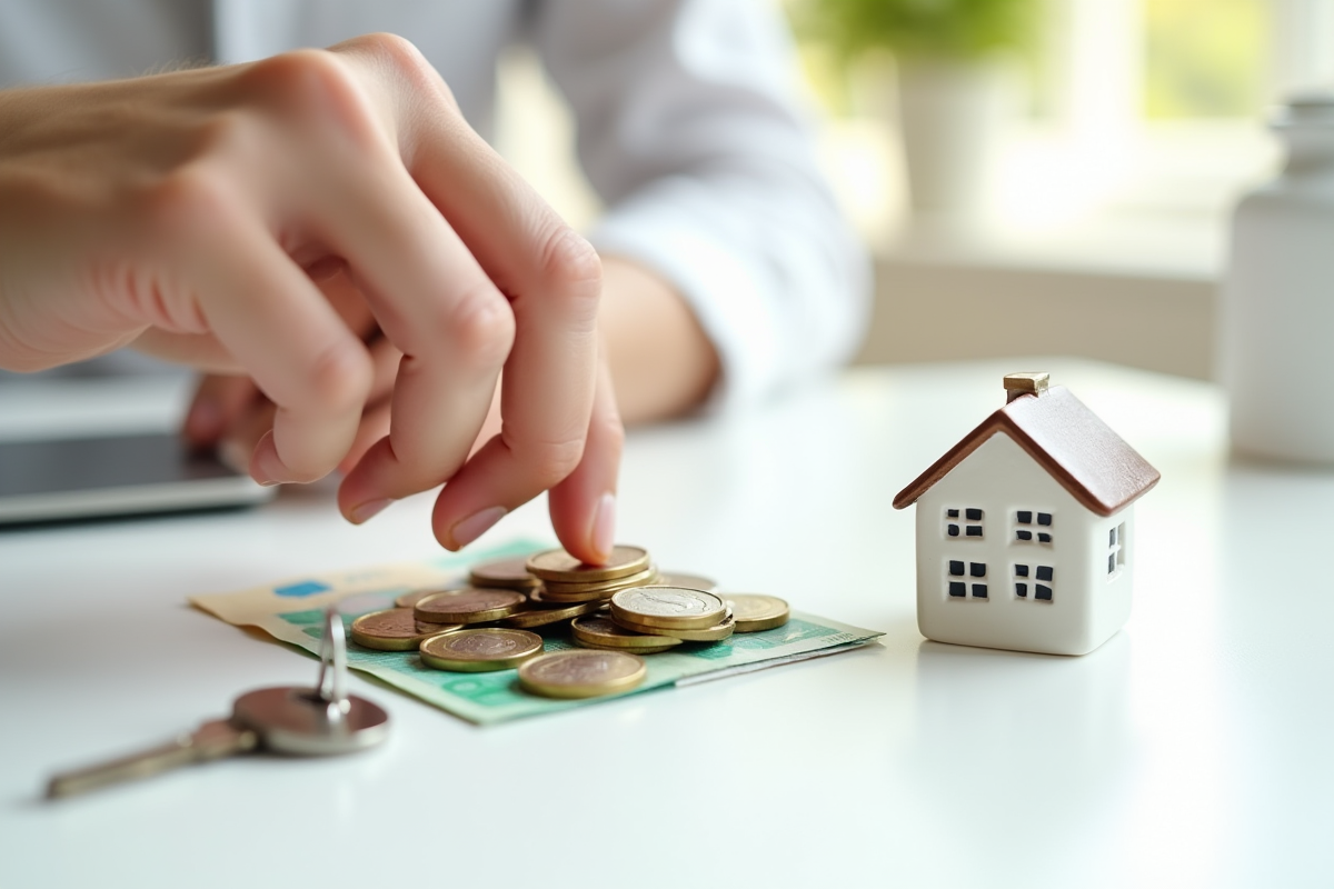 Main posant des pièces et billets près de clés et maison miniature
