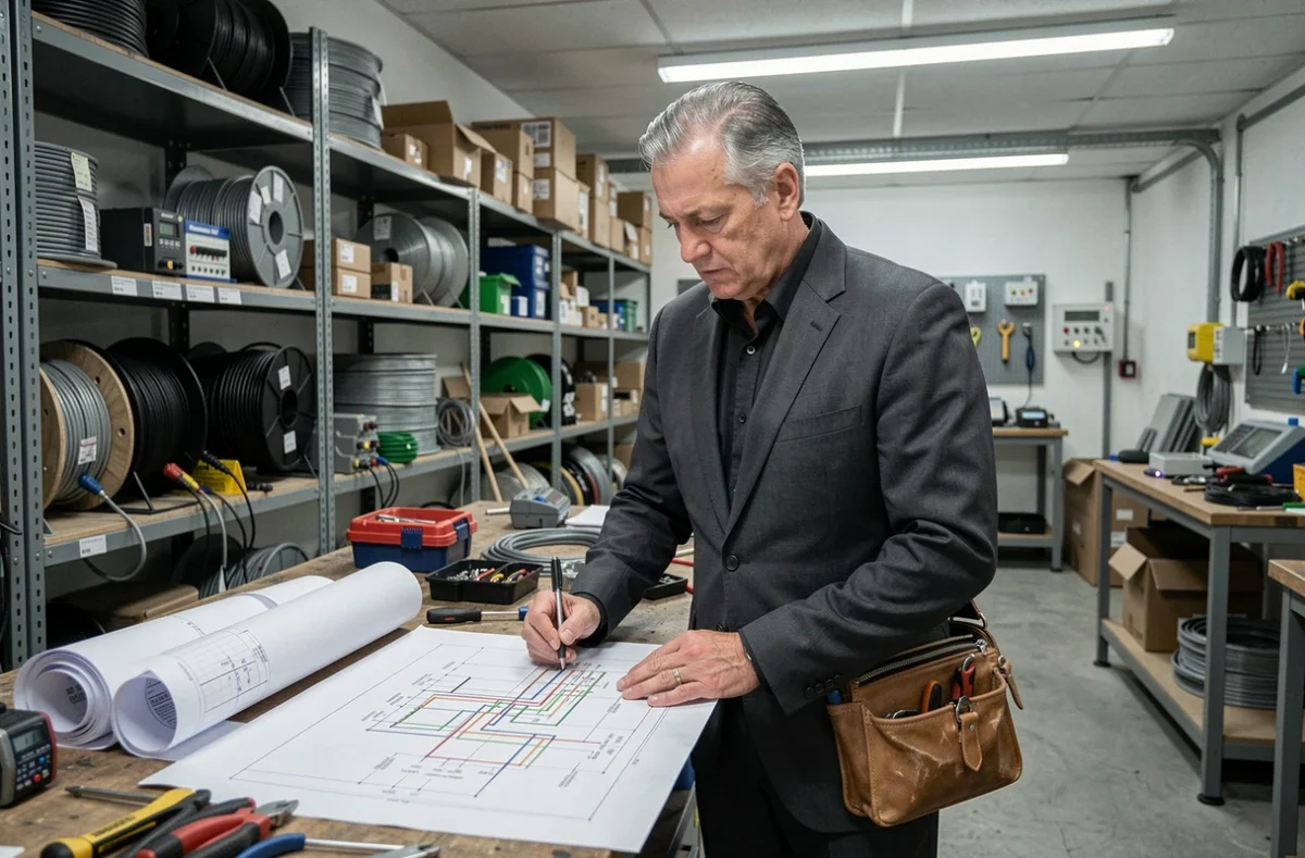 Électricien expérimenté Artechni étudiant un schéma de câblage dans un atelier professionnel en Haute-Vienne