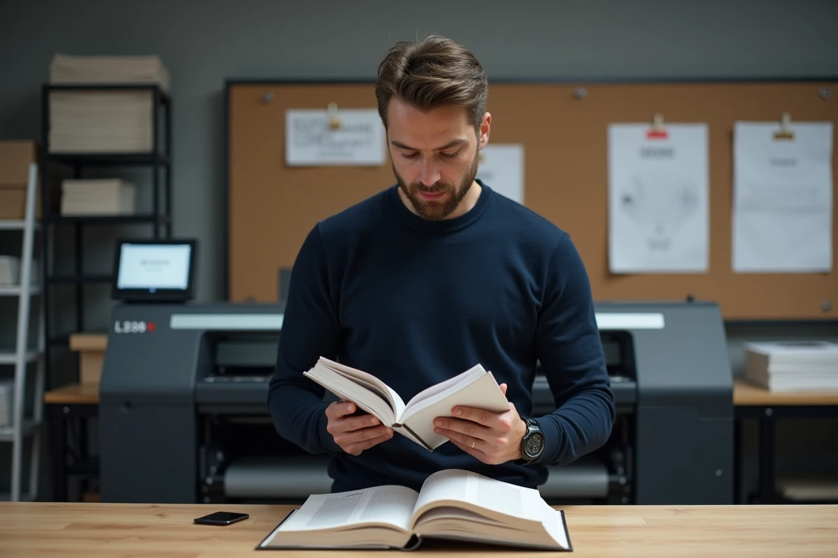 Auteur autoédité examinant le format et la reliure d'un livre dans un atelier d'impression professionnel