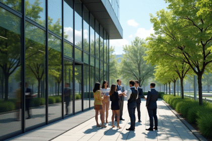 Groupe de professionnels devant un bâtiment écologique moderne
