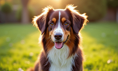 Australian Shepherd brun au soleil matinal sur la pelouse