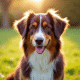 Australian Shepherd brun au soleil matinal sur la pelouse