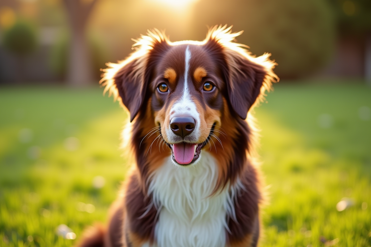 Australian Shepherd brun au soleil matinal sur la pelouse