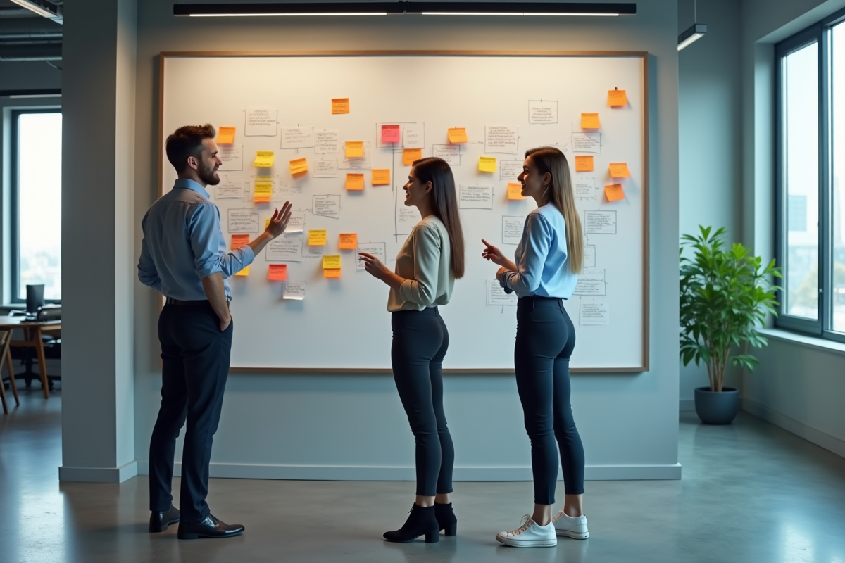 Trois personnes collaborant devant un tableau d