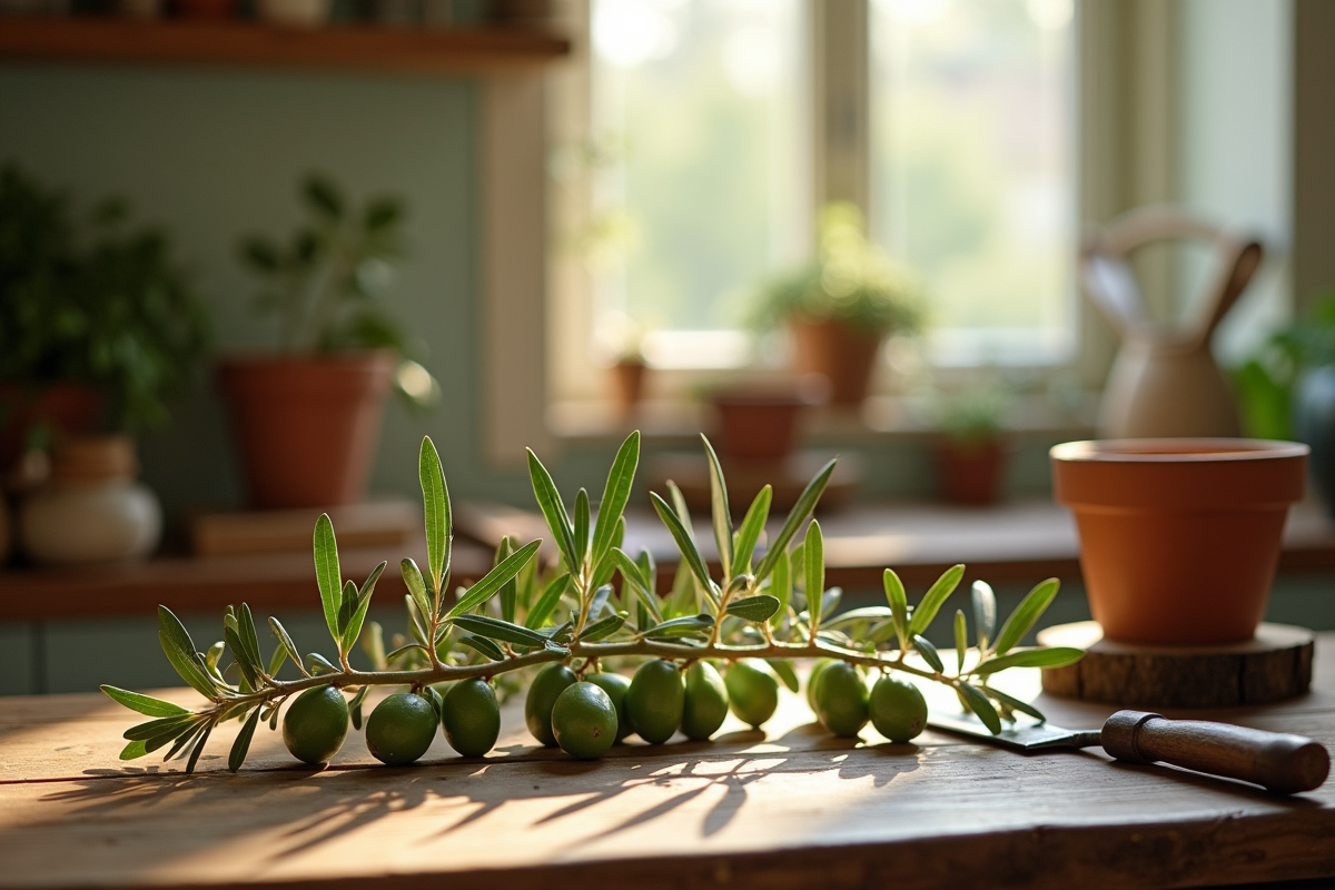 Branche d olive avec feuilles sur une table en bois dans une ambiance rustique