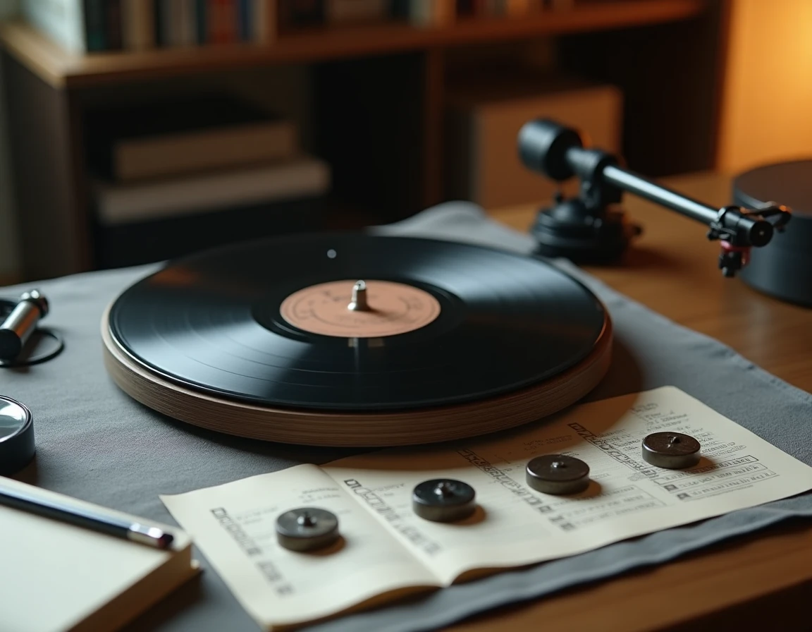 Gros plan sur un bras de lecture vintage avec une aiguille 78 tours posée sur un disque shellac, entouré de cartouches de remplacement et d'un guide de compatibilité