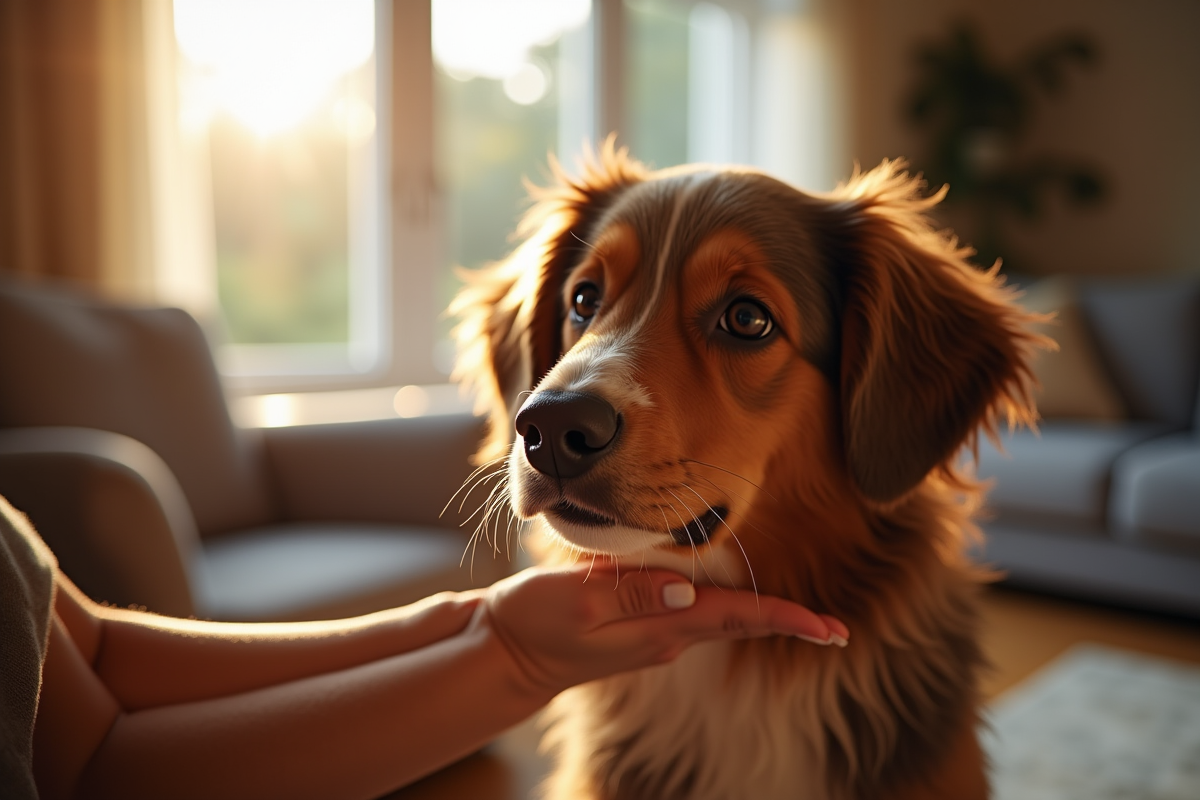 Brossage doux d un Australian Shepherd dans une maison lumineuse