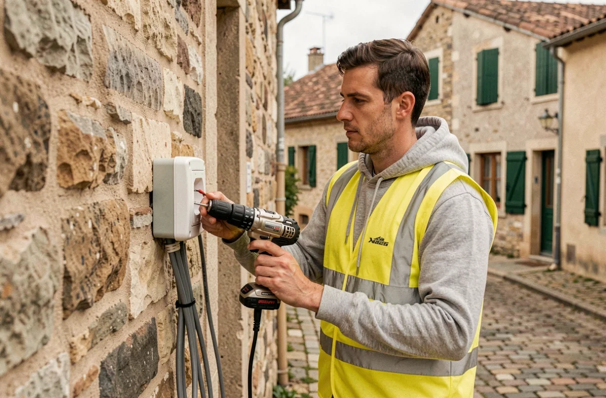 Électricien BTI Power installant une prise électrique extérieure sur un mur en pierre à Saint-Laurent-sur-Gorre