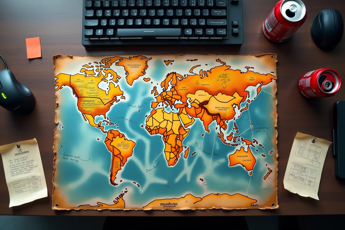 Vue aérienne d'un bureau de gamer avec carte annotée des positions de portails et notes de stratégie pour Dofus