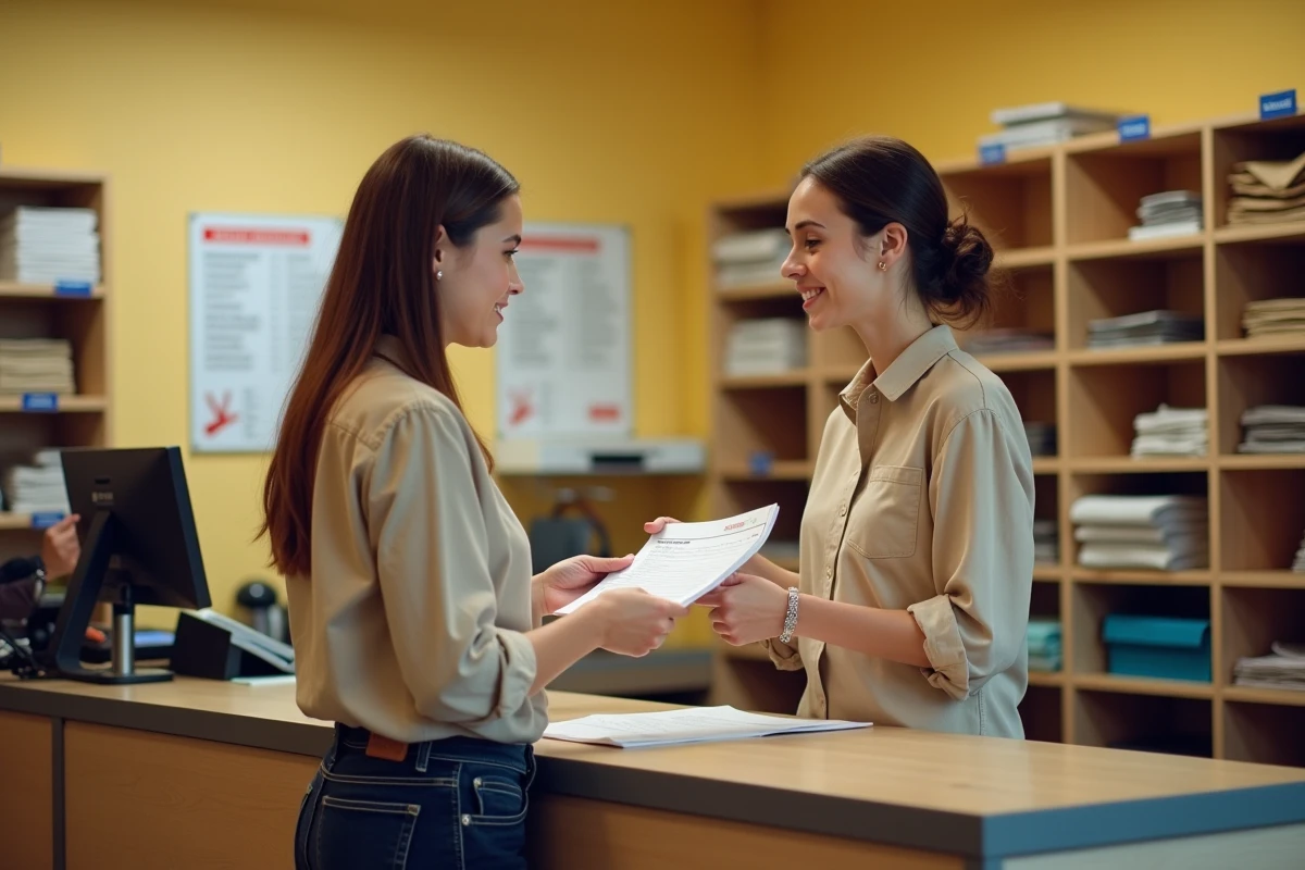 Une femme déposant un formulaire d'adresse postale au guichet d'un bureau de poste rural en France, avec une employée de La Poste, illustrant les démarches liées à la distribution spéciale