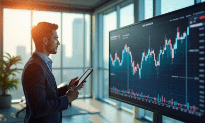 Jeune professionnel en fintech regardant un graphique digital