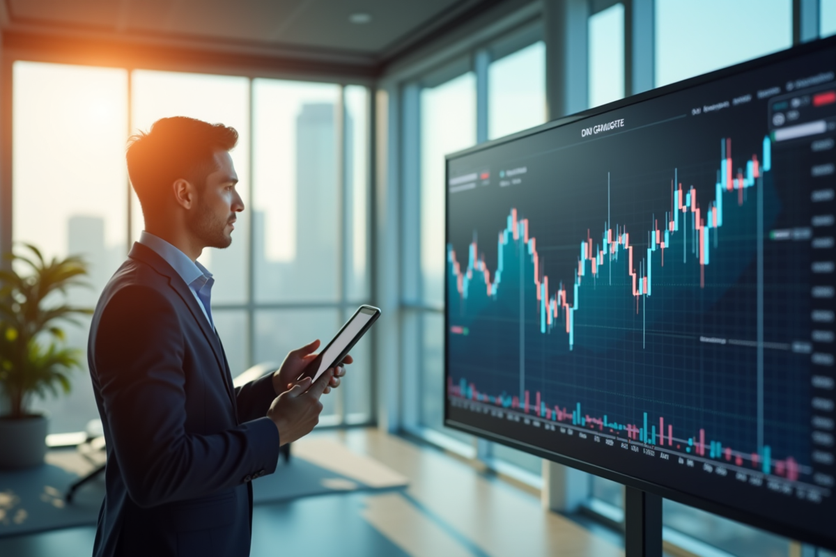 Jeune professionnel en fintech regardant un graphique digital