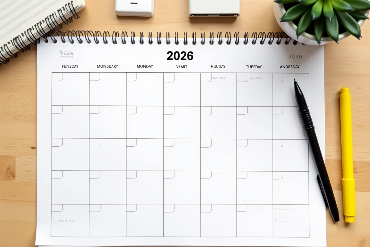 Vue de dessus d'un modèle de calendrier 2026 imprimé avec semaines paires et impaires sur une table en bois clair avec stylo et surligneur