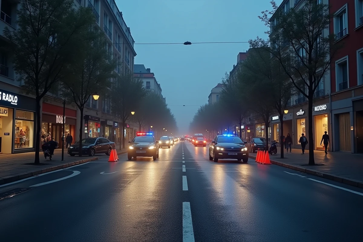 Carrefour urbain de Toulouse bloqué par des forces de l'ordre avec voiture de police et moto en travers de la route lors d'un incident grave