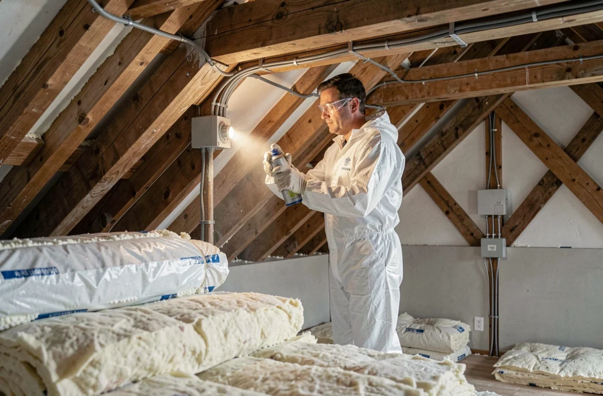 Technicien Centre Isolation Electricité posant de l'isolant dans un grenier avec câblage électrique déjà installé en Haute-Vienne