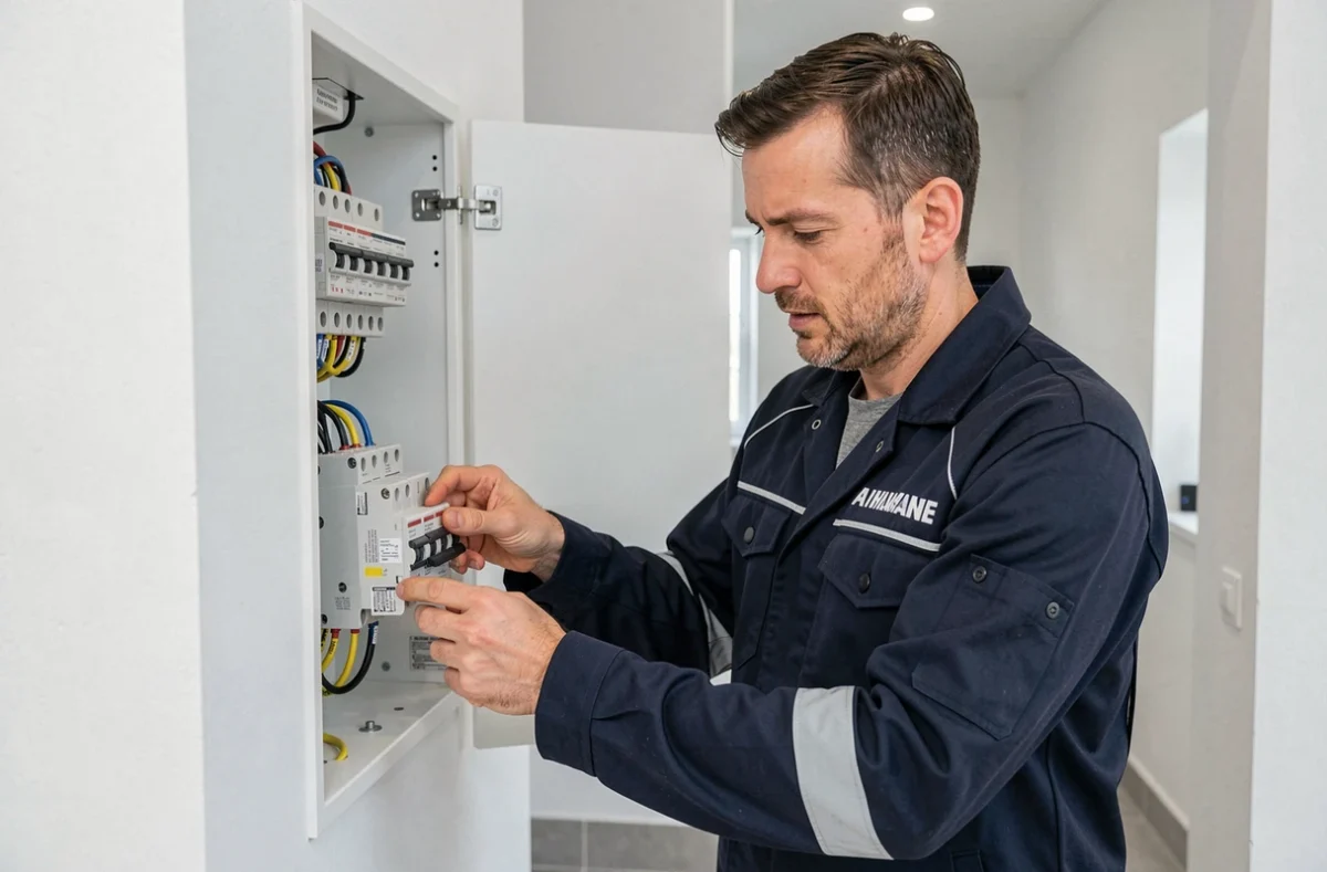 Électricien CF Electricité installant un tableau électrique neuf dans un logement en Haute-Vienne