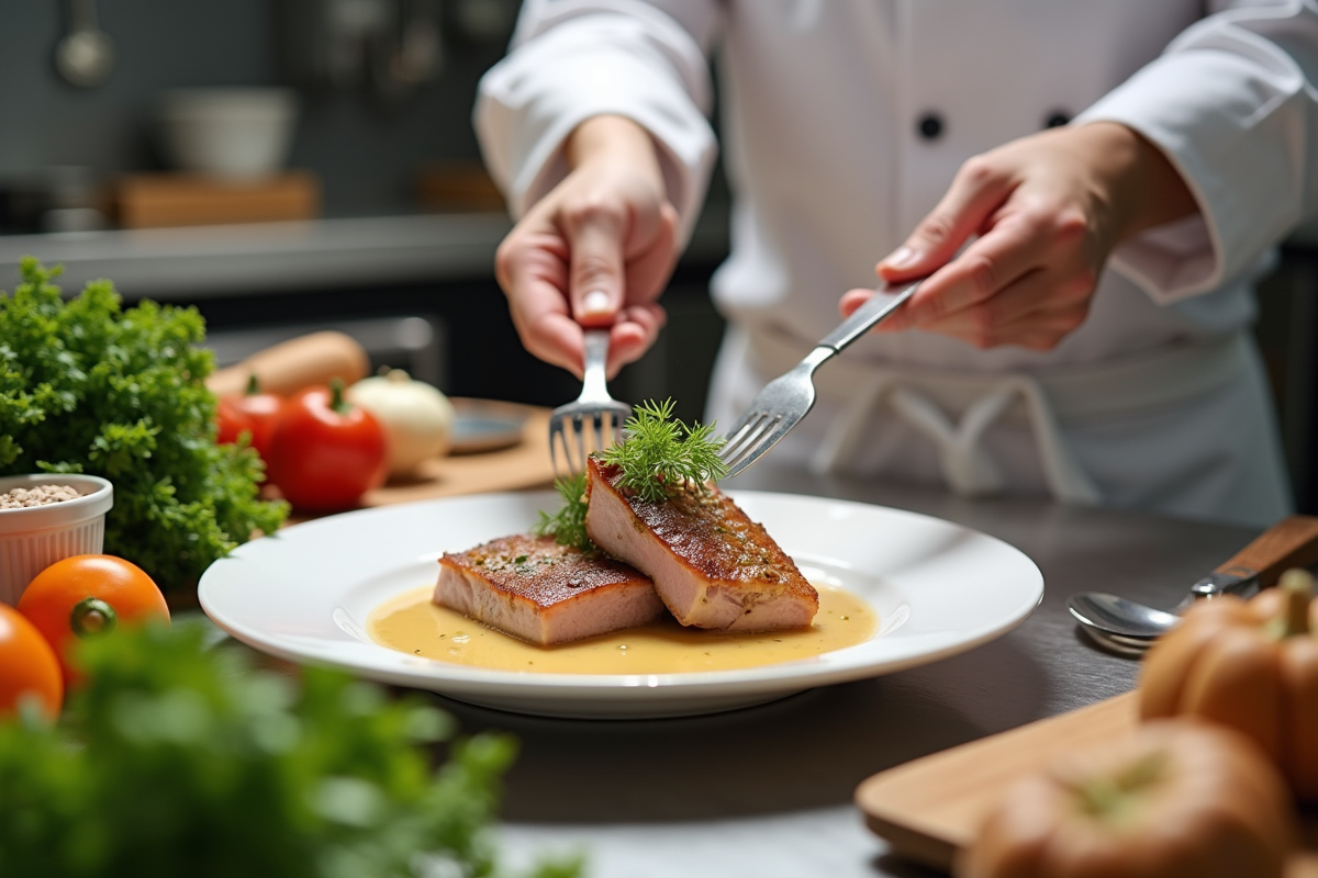 Chef dressant un plat de lapin en sauce dans une cuisine moderne