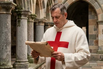 Homme en tenue de chevalier templier tenant un parchemin dans un cloître médiéval en pierre, illustrant l'héritage des Templiers