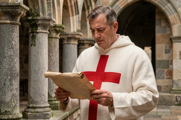 Homme en tenue de chevalier templier tenant un parchemin dans un cloître médiéval en pierre, illustrant l'héritage des Templiers