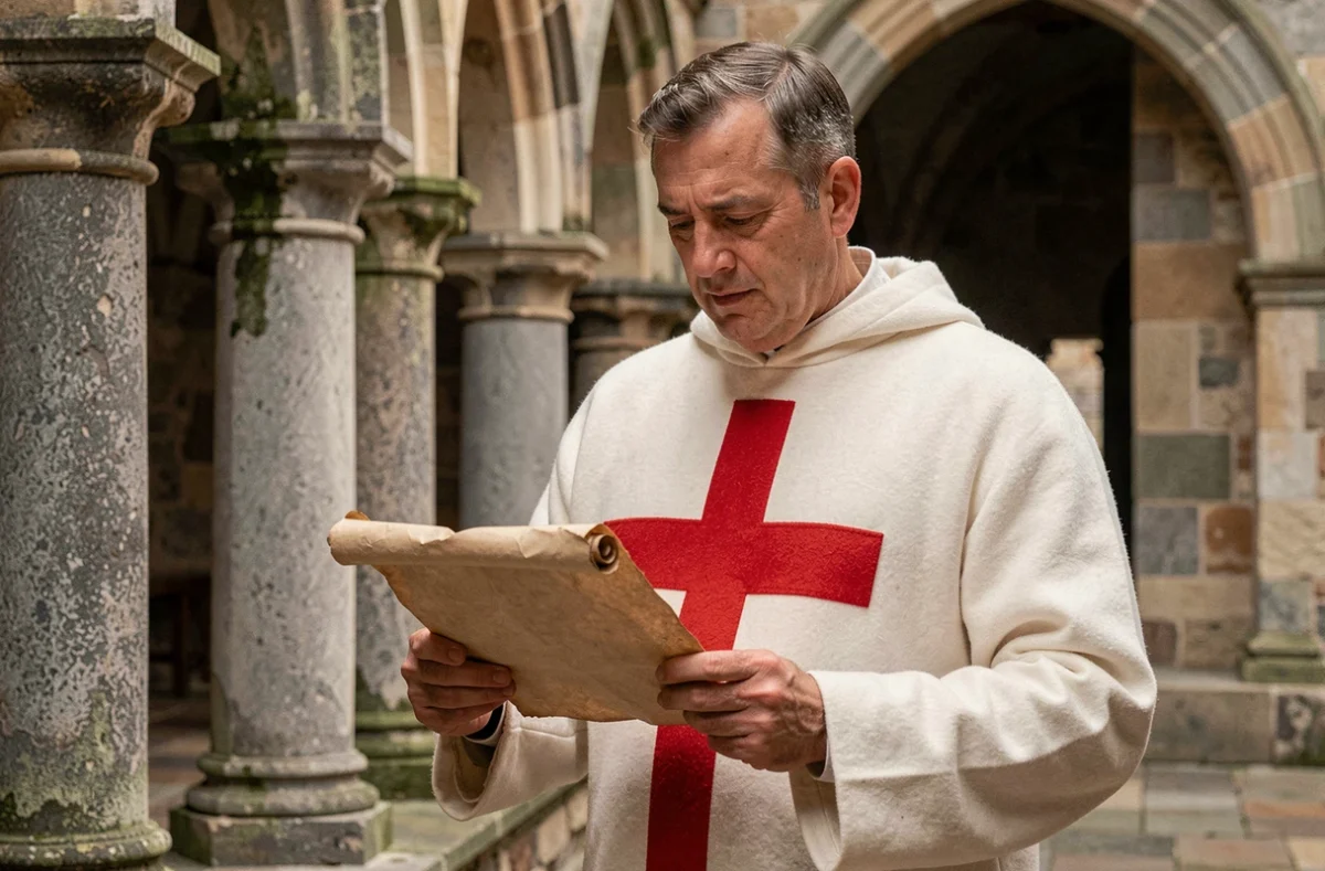 Homme en tenue de chevalier templier tenant un parchemin dans un cloître médiéval en pierre, illustrant l'héritage des Templiers