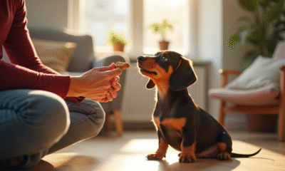 Chiot dachshund apprenant à s'asseoir dans un salon lumineux