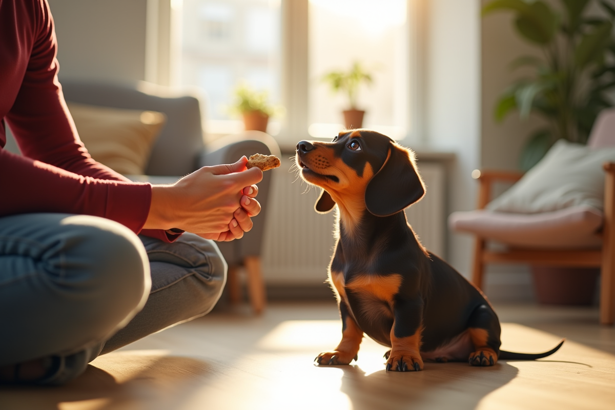 Chiot dachshund apprenant à s'asseoir dans un salon lumineux