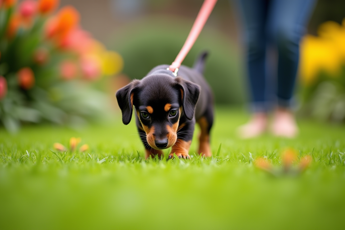 Jeune chiot dachshund explorant un jardin vert en promenade