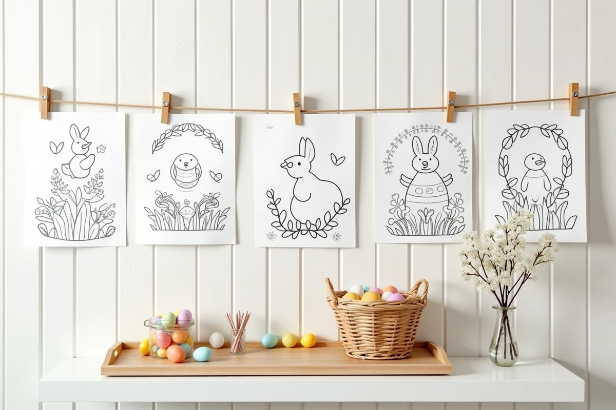 Collection de coloriages de Pâques affichés sur un panneau blanc avec des œufs colorés et des fleurs de cerisier