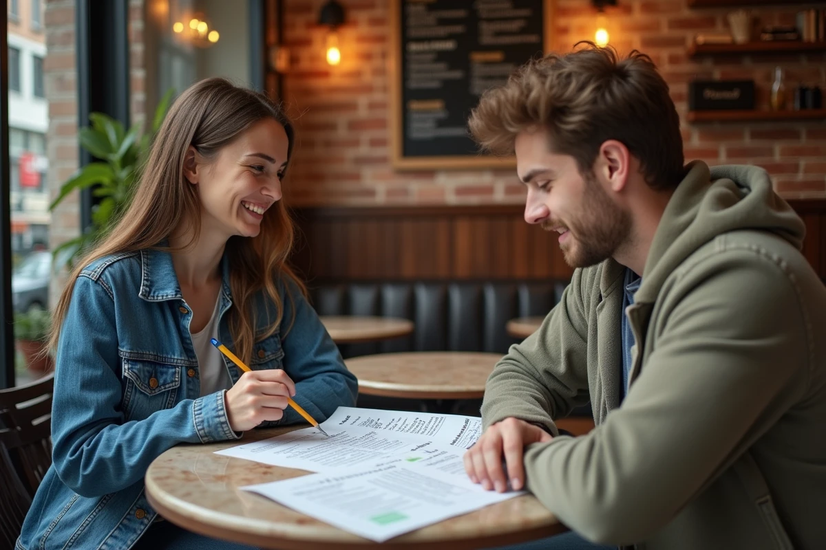 Deux collègues analysant ensemble un document sur les règles d'orthographe du français dans un café