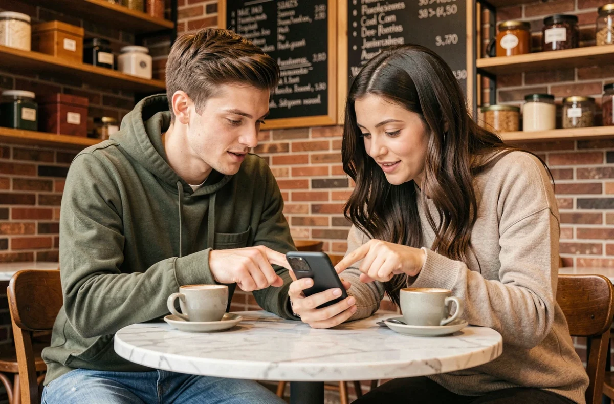 Deux jeunes adultes comparant le forfait Lycamobile 30 euros dans un café urbain sur smartphone