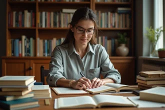 Femme auteure comparant deux formats de livres autoédités sur un bureau en bois couvert de manuscrits imprimés