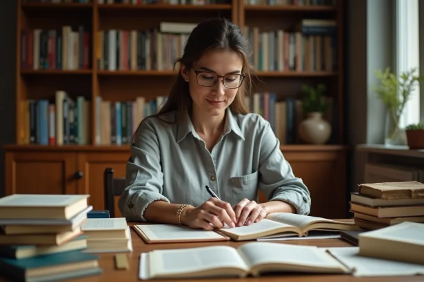 Femme auteure comparant deux formats de livres autoédités sur un bureau en bois couvert de manuscrits imprimés