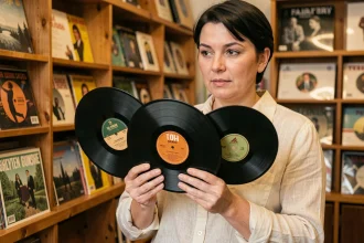 Femme tenant trois vinyles de tailles différentes — single 7 pouces, maxi 10 pouces et album 12 pouces — dans un magasin de disques indépendant
