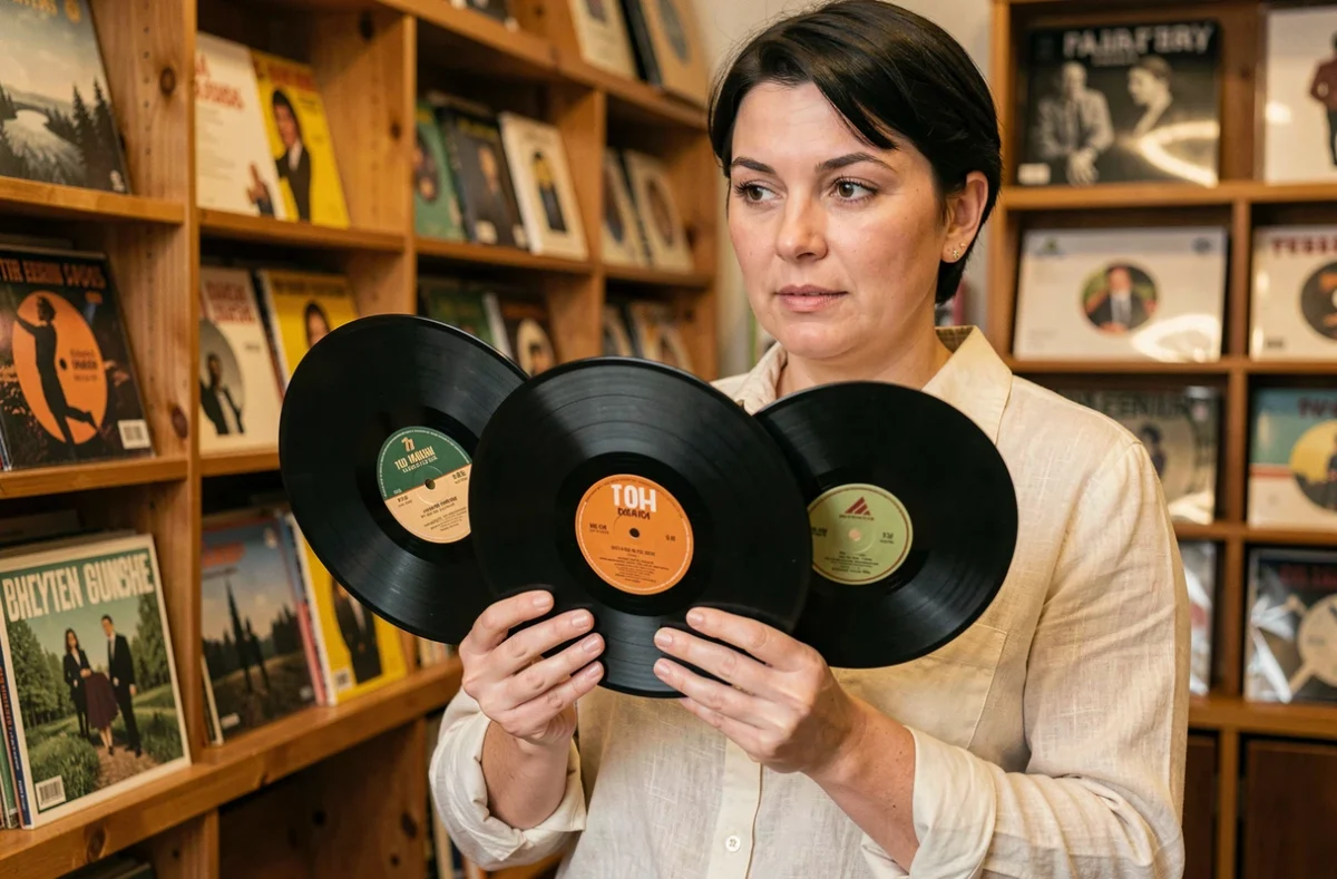 Femme tenant trois vinyles de tailles différentes — single 7 pouces, maxi 10 pouces et album 12 pouces — dans un magasin de disques indépendant