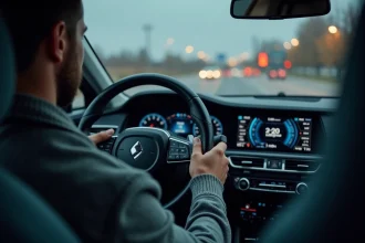 Conducteur regardant un tableau de bord GPS affichant la vitesse en km/h et en mph simultanément