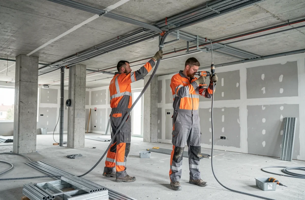 Deux électriciens Construction Elec posant des conduits électriques dans un bâtiment commercial en chantier à Limoges